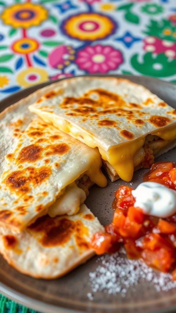 Sliced cheese quesadilla with melted cheese, served with salsa and sour cream on a rustic plate.